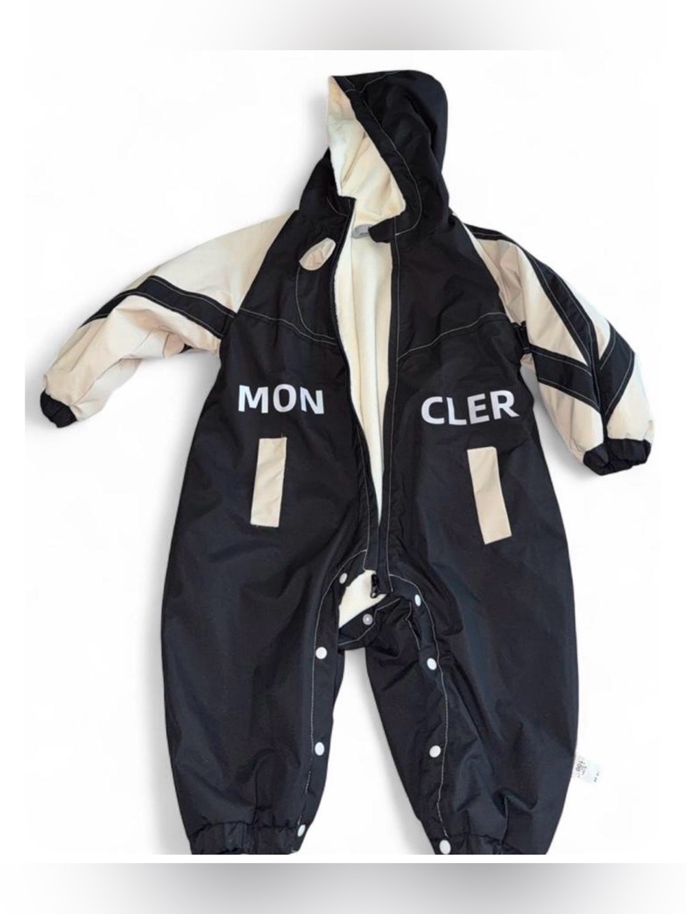 3T/4T Moncler Black and Cream Kids One-Piece Snowsuit with Hood